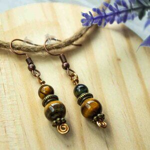 Tiger’s Eye Drop Earrings with Bronze and Copper Accents